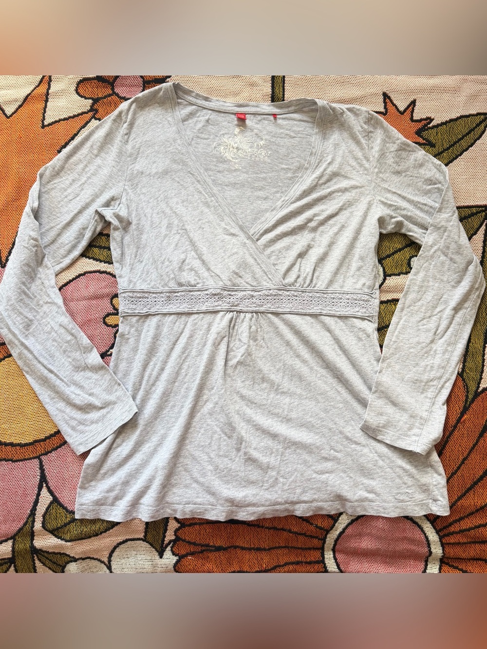 Vintage Y2K Esprit Longsleeve Babydoll Top Light Grey Size XL